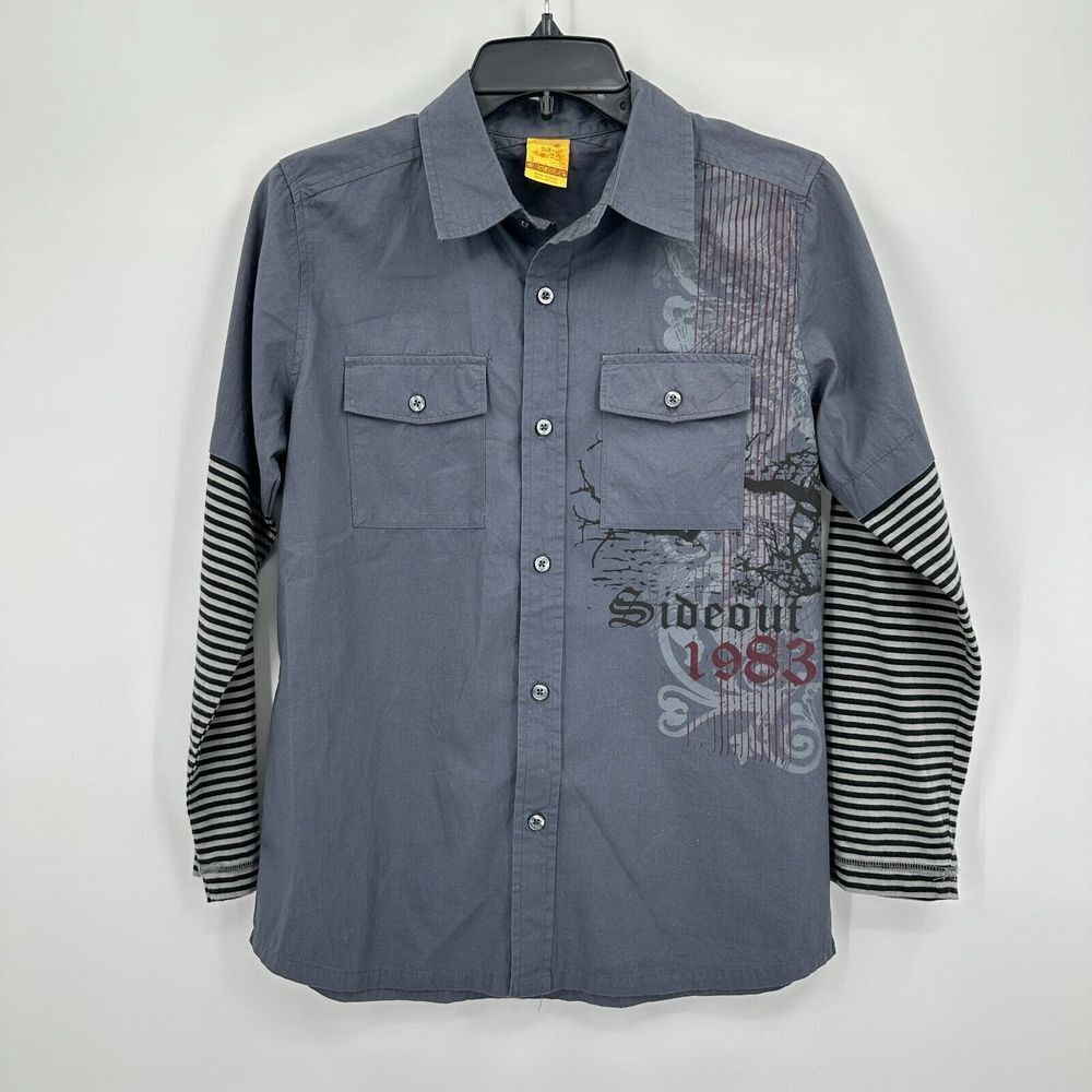 Sideout Shirt Boys M 10/12 Black Blue Gray Layered Long Sleeve Skate Punk Grunge
